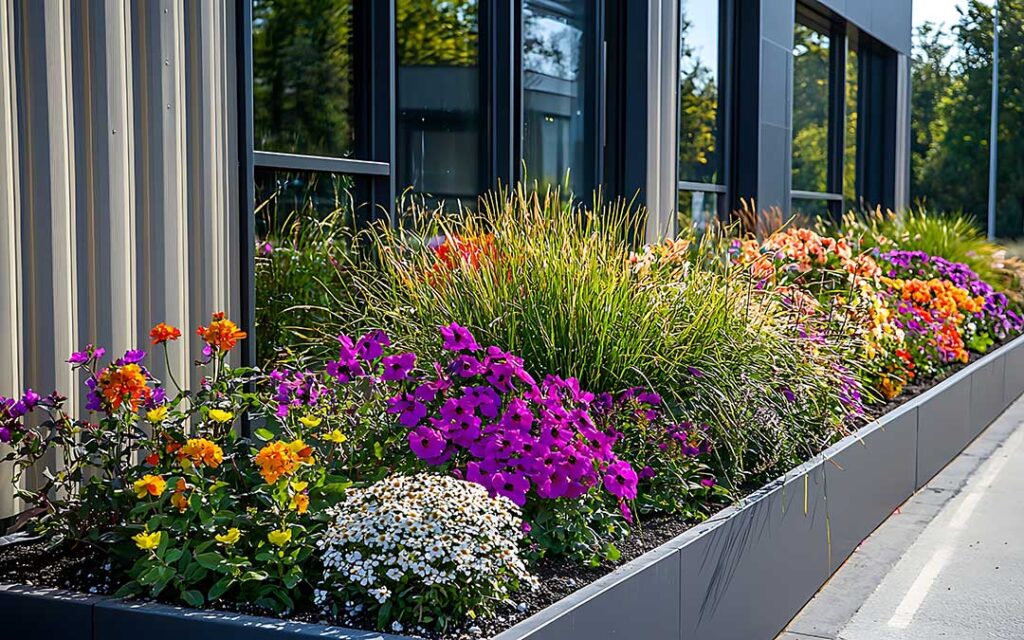 Neighbors tending perennial flower beds near a stone patio with ornamental grasses and seating area.