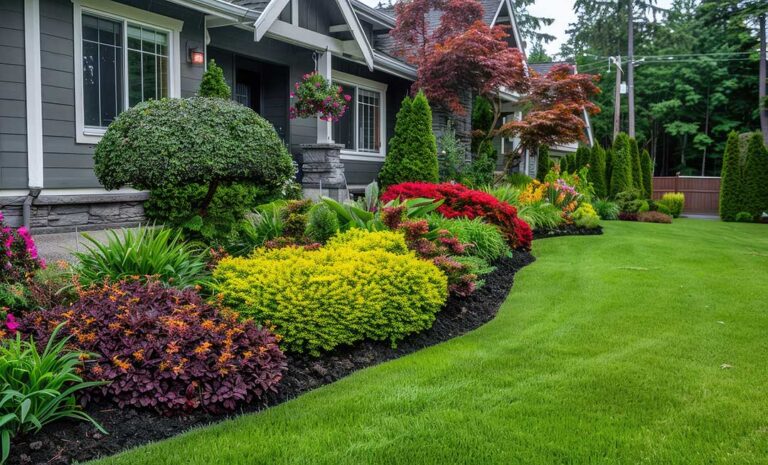Gardener spreading shredded mulch around flowering perennials while keeping it away from plant stems.