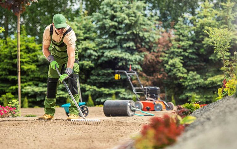 Person measuring sprinkler water on a freshly mowed residential lawn beside a soil test container.